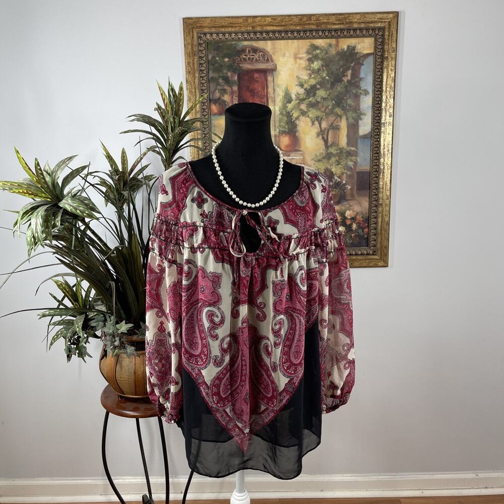 Sophie Max Floral Long Balloon Sleeve Blouse Medium Boho Resort Vacation Peasant